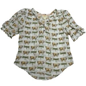 Maeve Anthropologie White with Butterfly and Dragonfly Print Blouse Size 2